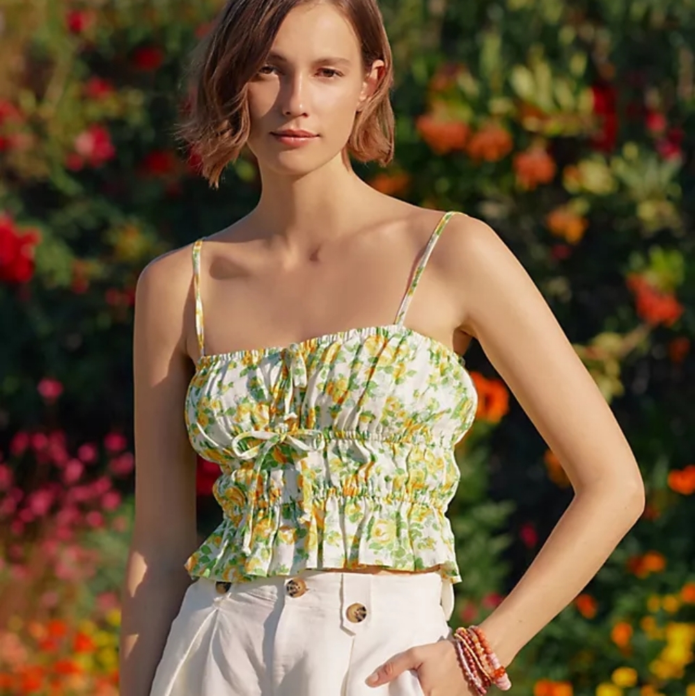 NWT FAITHFULL THE BRAND Smocked Floral Linen Crop Top